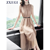 ZXEGI真丝早秋女装100%桑蚕丝连衣裙夏季收腰中长款高档背心真丝裙子中 香槟色（裙长106cm闪电发货） 均码