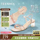 天美意凉鞋粗跟细闪条带通勤一字带舒适女鞋