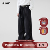 BJHG不计后果秋季美式伞兵工装长裤男潮牌肌理感宽松直筒运动休闲裤子 炭黑色 2XL