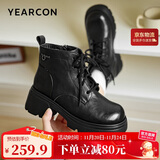 意尔康马丁靴女秋冬新款复古厚底增高加绒机车短靴 14738W黑色 38 