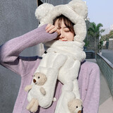 浩冠 小熊帽子女冬季可爱百搭毛线帽保暖毛绒帽围巾一体三件套秋冬天 白色 均码