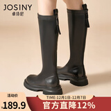 卓诗尼长筒靴女2025年新款春秋高筒靴子厚底皮靴不过膝长靴冬加绒骑士靴 黑色-绒里 36