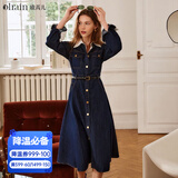 Olrain欧芮儿牛仔连衣裙女春装女装收腰显瘦气质复古假两件裙子 深蓝色 M 160/84A