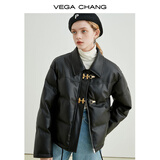 VEGA CHANG哑光PU皮羽绒服女2025年秋冬新款小个子白鸭绒短款外套 黑色 S