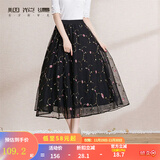 烟花燙裙子女2025年秋装新款黑色松紧高腰通勤百搭绣花网纱半身裙 萝素 黑色绣花 M（适合115-130斤）