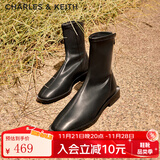 CHARLES&KEITH复古方头拉链低跟时装靴短靴踝靴子女靴生日礼物CK1-90900090 Black黑色 37