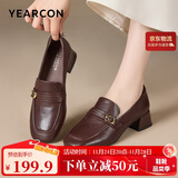 意尔康女鞋中粗跟方头乐福鞋复古英伦风通勤单鞋女 13380W深棕 37