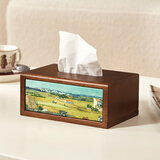 初心 胡桃木纸巾盒家用抽纸盒欧式客厅高级感简约纸抽盒实木质收纳盒 油画纸巾盒《丰收》-桃花芯木