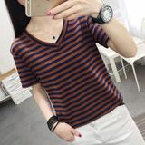 妃丽慕尚（FEILIMUSHANG）2025夏季新款正肩V领条纹短袖T恤女韩版宽松显瘦遮肚半袖上衣 35条纹-咖啡色 XL 建议115-130斤