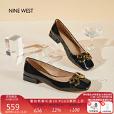 NINE WEST/玖熙低跟单鞋牛漆皮浅口方头金属饰扣工作女鞋NF445006FK 黑色36