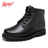 强人3515男靴厚实羊毛保暖短筒军迷靴系带款男士冬季耐磨牛皮棉靴子 黑色 39