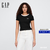 GAP女装2025春季新款刺绣logo撞色圆领修身短袖T恤上衣美版727444 黑色 XXS 美码  S亚洲码160/80A