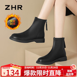 ZHR平底短靴女冬经典复古瘦瘦踝靴子女加绒法式女靴 BL309A 黑色 37