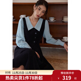 独束大码女装假两件撞色衬衫领连衣裙女秋冬微胖mm文艺复古穿搭裙子 墨染黑【适合165左右】 3XL