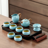 唐丰（TANGFENG）汝窑茶具套装家用轻奢高端陶瓷功夫茶杯开片可养泡茶器全套带茶盘 千川+天青西施壶9头宇辉同行同款