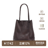 裘真008水桶包女斜挎通勤大容量真皮复古小众植鞣牛皮包包 咖啡色-大号