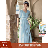 茵曼（INMAN）法式薄荷曼波连衣裙2024夏女装新品V领灯笼袖抽绳 绀蓝色 M