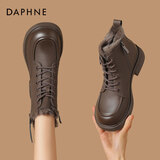 达芙妮女士马丁靴秋冬季加绒保暖短靴雪地靴子皮鞋 绒棕 36