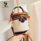 SiaZella水桶包包女新款时尚撞色圆筒包手提斜挎迷你单肩包生日礼物送女友 米白色