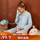 芬腾 睡衣女纯棉学生季简约纯色长袖长裤翻领全棉开衫家居服套装 浅兰 2XL