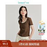 茵曼（INMAN）撞色罗纹棉女装U领短袖T恤修身气质通勤2025夏季新款短款上衣 深咖啡 S