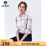 Navigare意大利小帆船女士长袖衬衫春秋季休闲格子衬衣莱赛尔高档寸衫 粉红/白 L