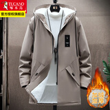 啄木鸟夹克男外套中长款韩版潮流中青年男士春秋季休闲连帽男装 驼色加绒 L