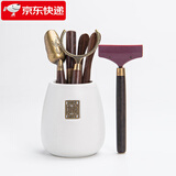 祥业功夫茶具配件茶道六君子套装茶刀茶针茶则茶勺刷喝茶泡茶工具大号 粗陶福锦茶道筒（米白）+茶刮五件套
