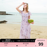 三彩2025夏季新款木耳边荷叶袖蝴蝶印花雪纺连衣裙大摆长裙M 淡紫色花卉 M 160/84A