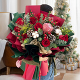 维尔斯情人节礼物小时达平安夜苹果花束礼盒草莓鲜花同城配送女友朋友 苹果+9朵红玫瑰+圣诞装饰混搭花束