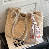 京智 秋冬新款大容量包包女休闲百搭帆布单肩包高级质感上课通勤托特包 米白色