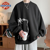 NEW OR MODE美式高街卫衣男重磅春秋季圆领潮牌oversize无帽上衣慵懒宽松外套 黑色 2XL