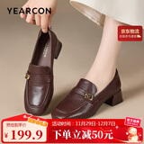 意尔康女鞋中粗跟方头乐福鞋复古英伦风通勤单鞋女 13380W深棕 37