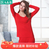 AB内衣弹力棉男士女士情侣薄款圆领内衣秋衣秋裤套装TS00\/TS60 大红-女款 L