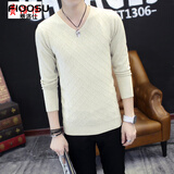 费洛仕春秋季新款男士V领薄款针织衫韩版潮修身长袖打底衫毛衣男秋衣 米色 M