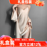 猫惑纯欲风带胸垫冰丝睡衣女士吊带仿真丝睡裙裙子睡袍情趣家居服套装 香槟色【带胸垫】【吊带+外袍】 M 【适合80-95斤】