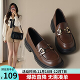 ZHR乐福鞋女软底百搭圆头小皮鞋子女英伦风粗跟女鞋 OFTEP06 棕色 37