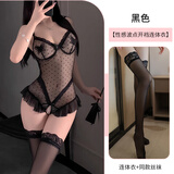 回倾情趣内衣性感房事战袍女珍珠链条开档按摩纯欲制服免脱连体衣套装 黑色【珠链开档连体衣+黑丝袜】