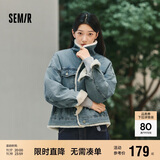 森马（Semir）牛仔外套女拼接仿兔毛翻领宽松港风冬季落肩夹棉夹克103724108001