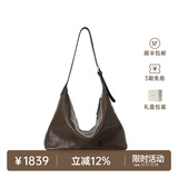 裘真【明星推荐】经典hobo包植鞣牛皮腋下通勤休闲饺子女包 咖啡色-大号 小包/大包