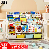 SOFS儿童书架绘本架简易落地宝宝小书柜铁艺幼儿置物架书本玩具收纳架 XXL码 (5+1)层 4盒白黄蓝绿
