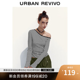 UR2025秋季新款女装城市度假斜肩领撞色条纹褶皱T恤UYY450294 黑色条纹 S
