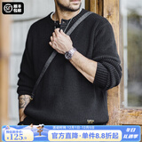 马登工装美式复古竖条纹亨利领毛衣宽松加厚黑色打底针织衫男秋冬 黑色 【毛衣男高级感/毛线衣/针织外套男】 L 【宽松版型,可拍小一码】