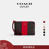 蔻驰（COACH）奥莱女士女包经典标志老花条纹图案角拉链腕包卡包红色 IM/胡桃木色/大红色