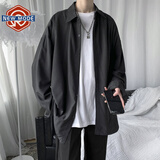 NEW OR MODE春秋季垂感冰丝短衬衫男士长袖外套胖子大码美式潮流牌痞帅衬衣夏 7636-黑色 XL