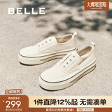 百丽（Belle）金晨同款航海家百搭帆布鞋女厚底无系带休闲鞋B2699CM5 米白色 37 (235mm)