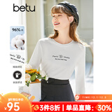 百图betu女装春季新款T恤绣花图案长袖T恤百搭打底上衣女2301T14 米白 S
