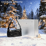CHARLES&KEITH褶皱油蜡皮斜挎小方包手提包腋下包女士生日新年礼物CK2-80160183 Noir黑色 S