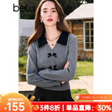 百图betu女装秋季新款毛针织衫拼色翻领甜美纽扣针织衫女2408T10 灰色 L