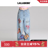 LALABOBO袁一琦同款纯棉牛仔裤女高腰显瘦小熊印花宽松阔腿裤RBED-WXZC19 中蓝白 常规 25 建议105-120斤